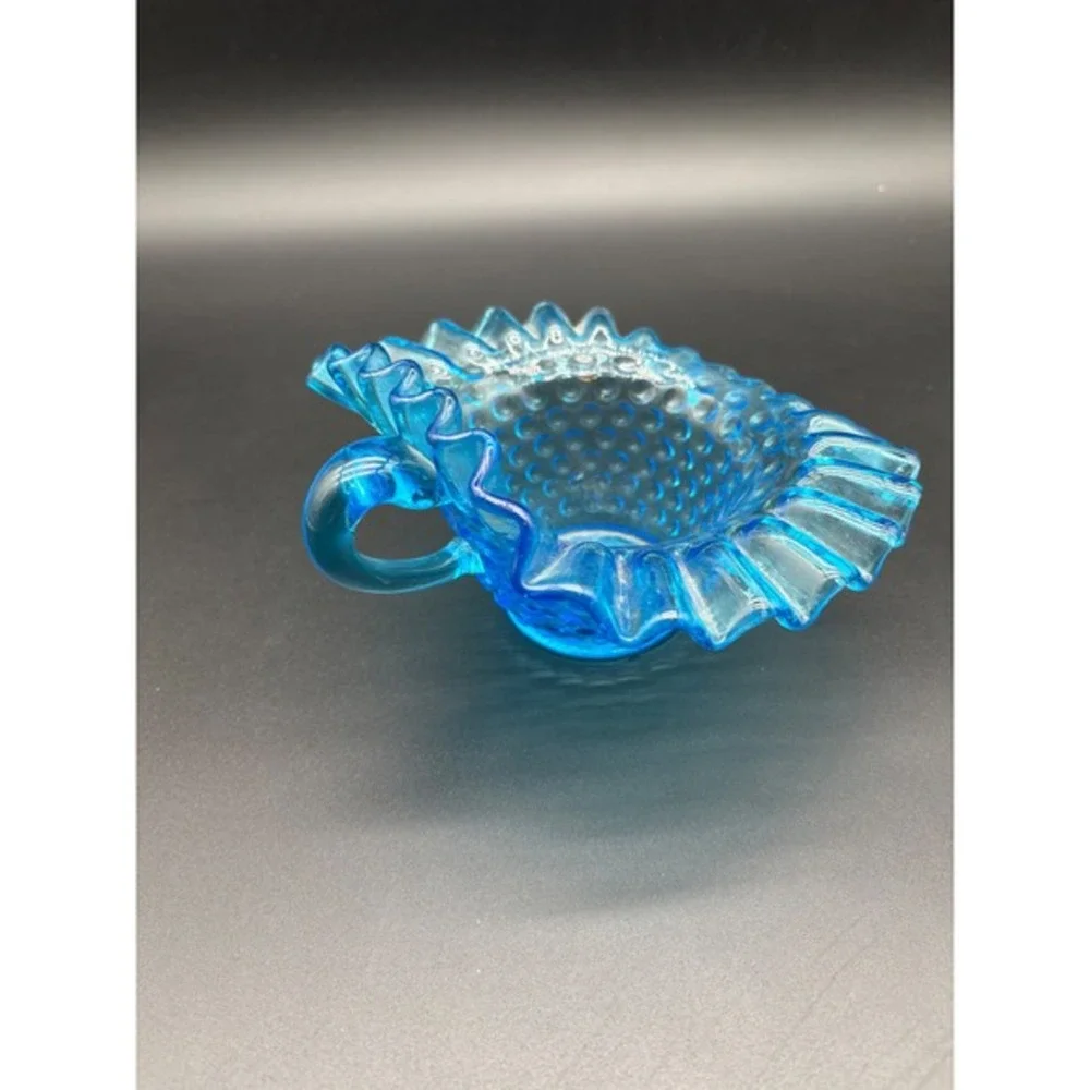 Blue Hobnail‎ Glass Ruffled Creamer Pitcher Dish Vintage